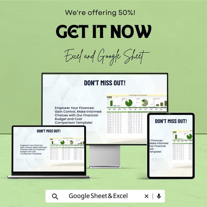 Financial Budget and Cost Comparison Sheet | Income vs Expense Tracker | Excel and Google Sheet Template | Digital Download