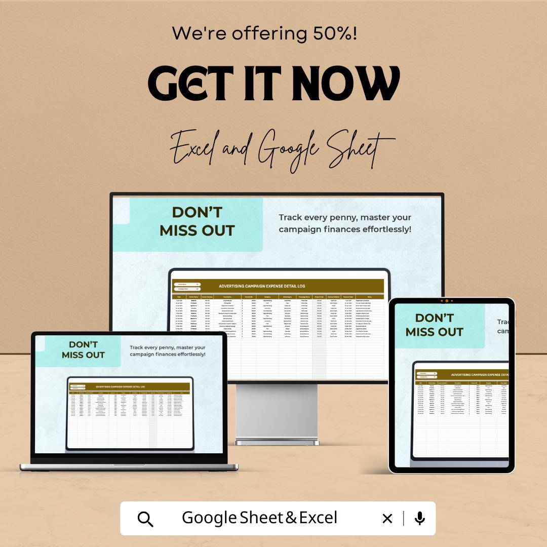 Advertising Campaign Expense Detail Log Template, Marketing Expense Tracker Excel, Ad Budget Spreadsheet,  Campaign Cost Tracker