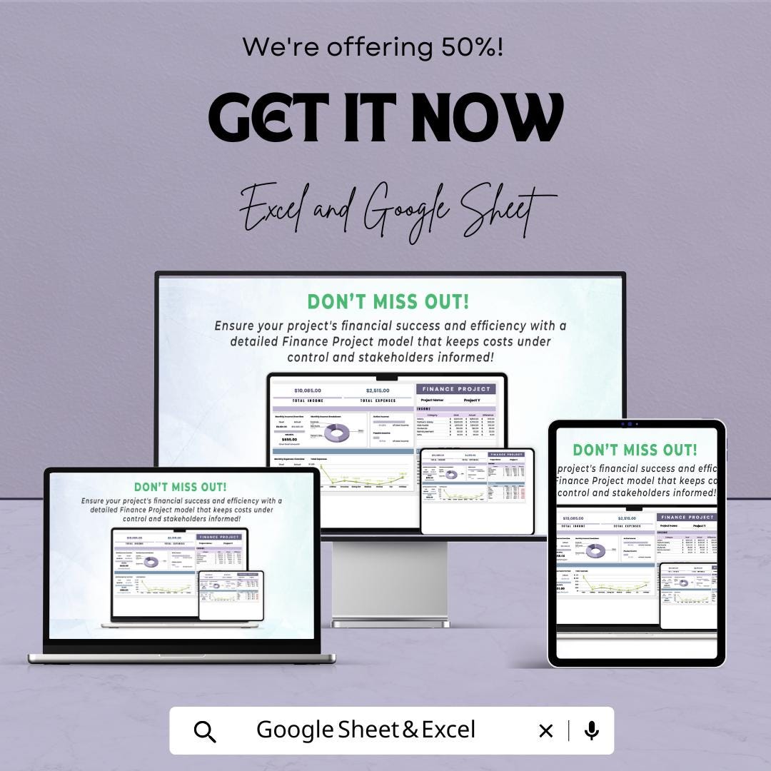 Finance Project Template | Project Budget Planner | Cost Forecasting Spreadsheet | Expense Tracking Sheet