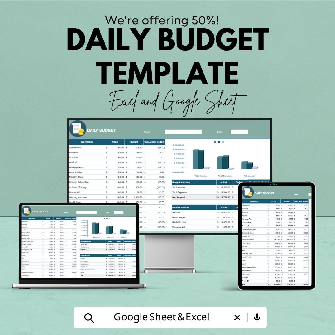Daily Budget Template | Google Sheets Excel Budget Planner | Expense Tracker Spreadsheet | Personal Finance Planner | Digital Download