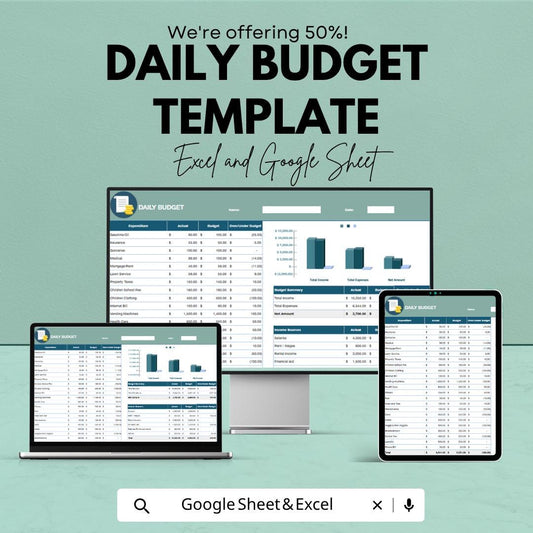 Daily Budget Template | Google Sheets Excel Budget Planner | Expense Tracker Spreadsheet | Personal Finance Planner | Digital Download