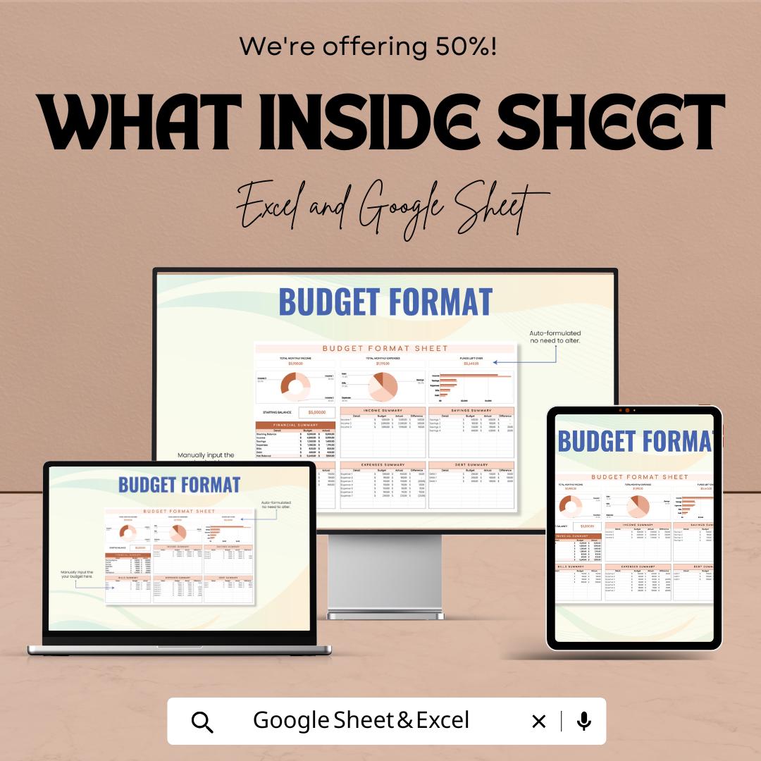 Budget Format Sheet | Monthly Budget Tracker | Google Sheet & Excel Template | Expense Tracker Spreadsheet | Financial Planning Tool