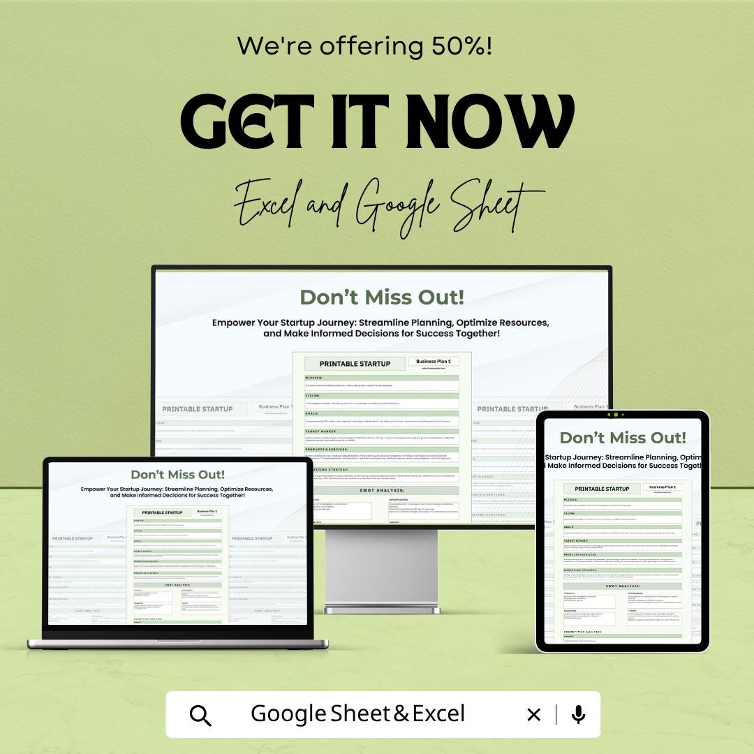 Printable Startup Template | Business Plan Spreadsheet | Startup Business Planner | Excel & Google Sheets | Entrepreneur Planning Template