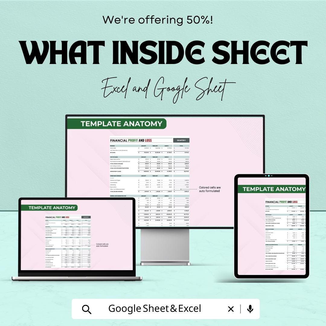 Financial Profit and Loss Sheet | Budget Management and Expense Tracker | Google Sheets | Instant Download for Small Business & Personal Use