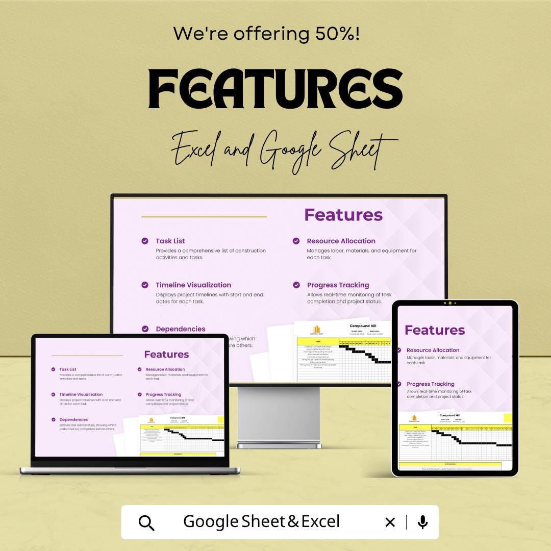 Construction Schedule Template | Project Timeline Spreadsheet | Gantt Chart Planner | Construction Project Management Tool