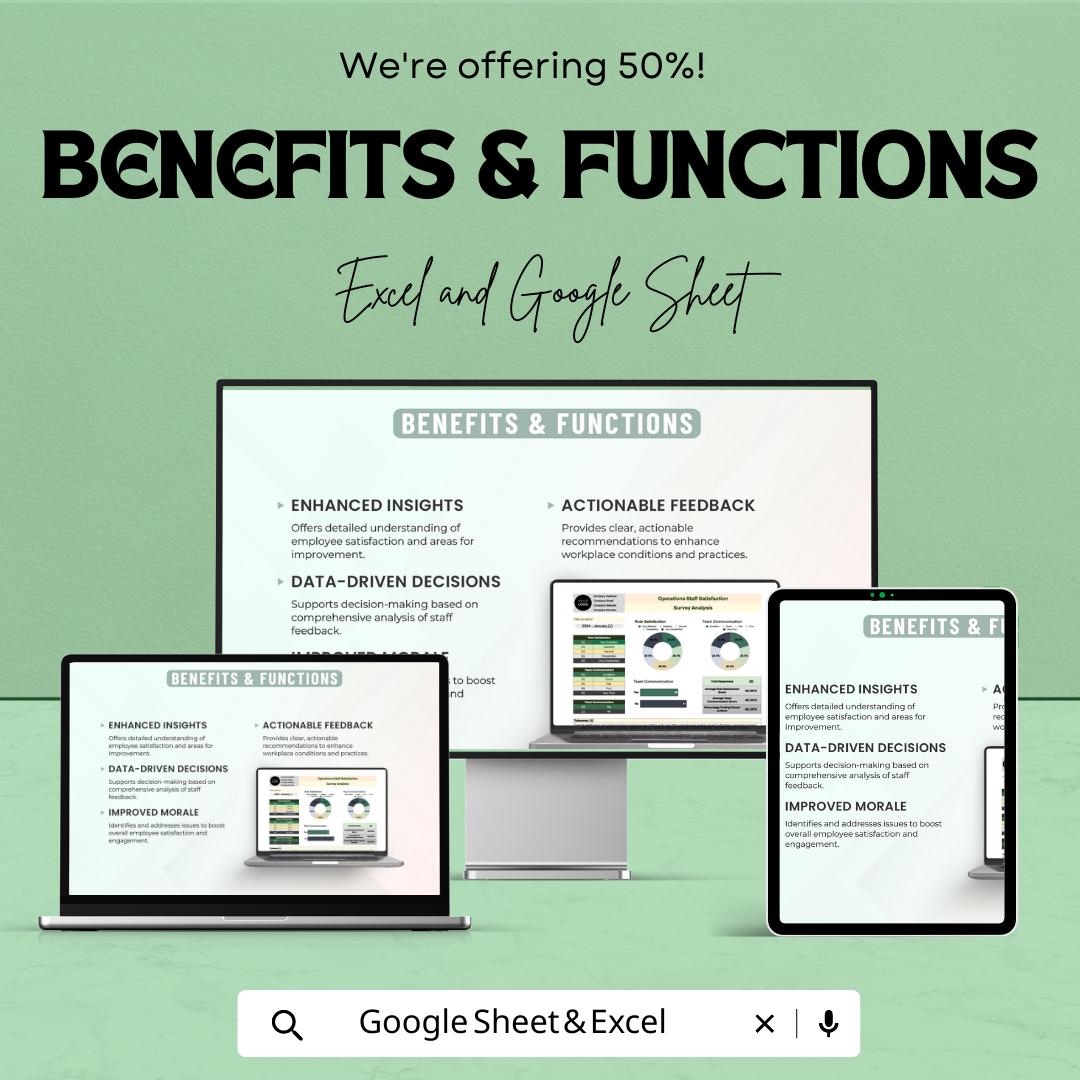 Operations Staff Satisfaction Survey Analysis Template | Employee Feedback Dashboard | Excel & Google Sheets HR Tool