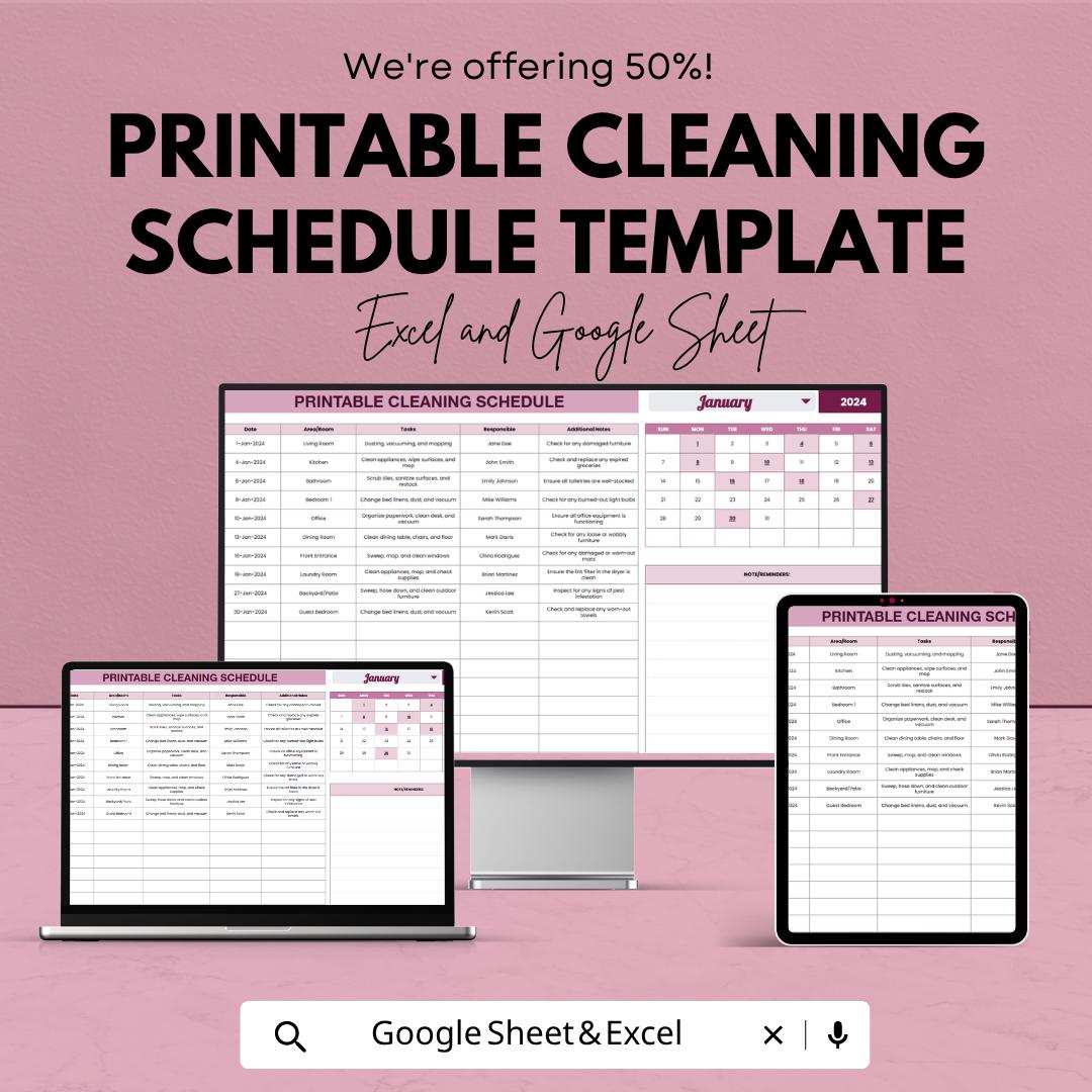 Printable Cleaning Schedule Template | Cleaning Planner Spreadsheet | Weekly Monthly Cleaning Schedule