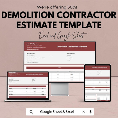 Demolition Estimate Template Excel | Contractor Estimate Spreadsheet | Construction Quote Template | Google Sheets Invoice | Project Cost