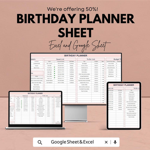 Birthday Planner Sheet - Excel & Google Sheet - Organize Guest List, To-Do List, Budget - Perfect for Planning Memorable Birthday Parties