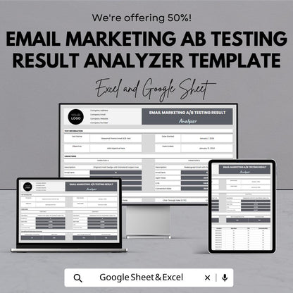 Email Marketing A/B Testing Result Analyzer Template,  Campaign Comparison, Email Performance Tracker, Split Test Spreadsheet