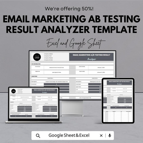 Email Marketing A/B Testing Result Analyzer Template,  Campaign Comparison, Email Performance Tracker, Split Test Spreadsheet