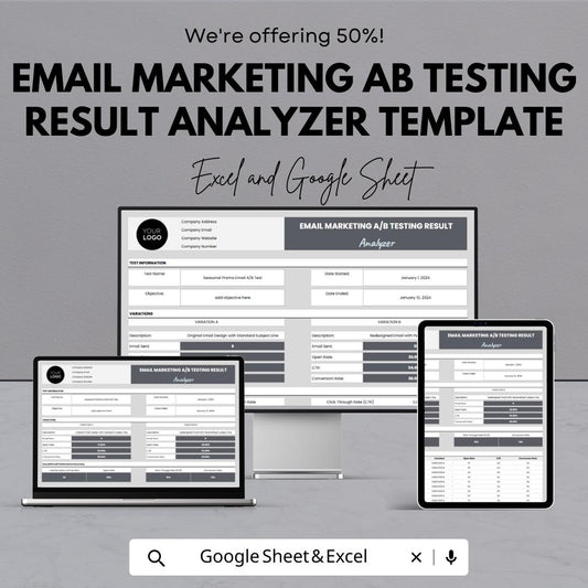 Email Marketing A/B Testing Result Analyzer Template,  Campaign Comparison, Email Performance Tracker, Split Test Spreadsheet