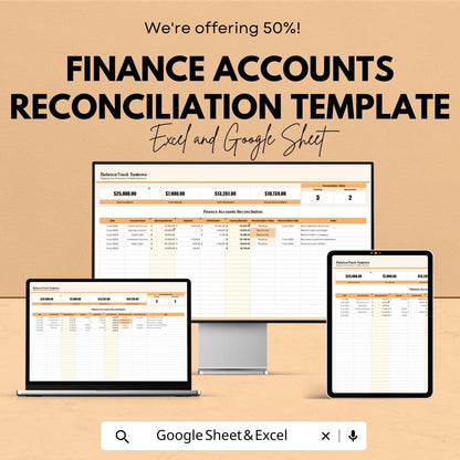 Finance Accounts Reconciliation Template | Account Balance Tracker | Financial Statement Matching |  Accounting Spreadsheet