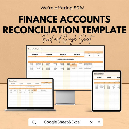 Finance Accounts Reconciliation Template | Account Balance Tracker | Financial Statement Matching |  Accounting Spreadsheet
