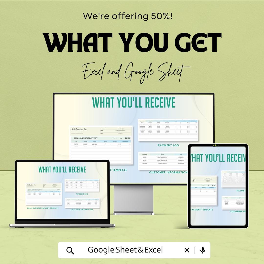 Small Business Payment Tracker Spreadsheet - Excel & Google Sheet Template for Payment Logs, Invoices, and Expenses