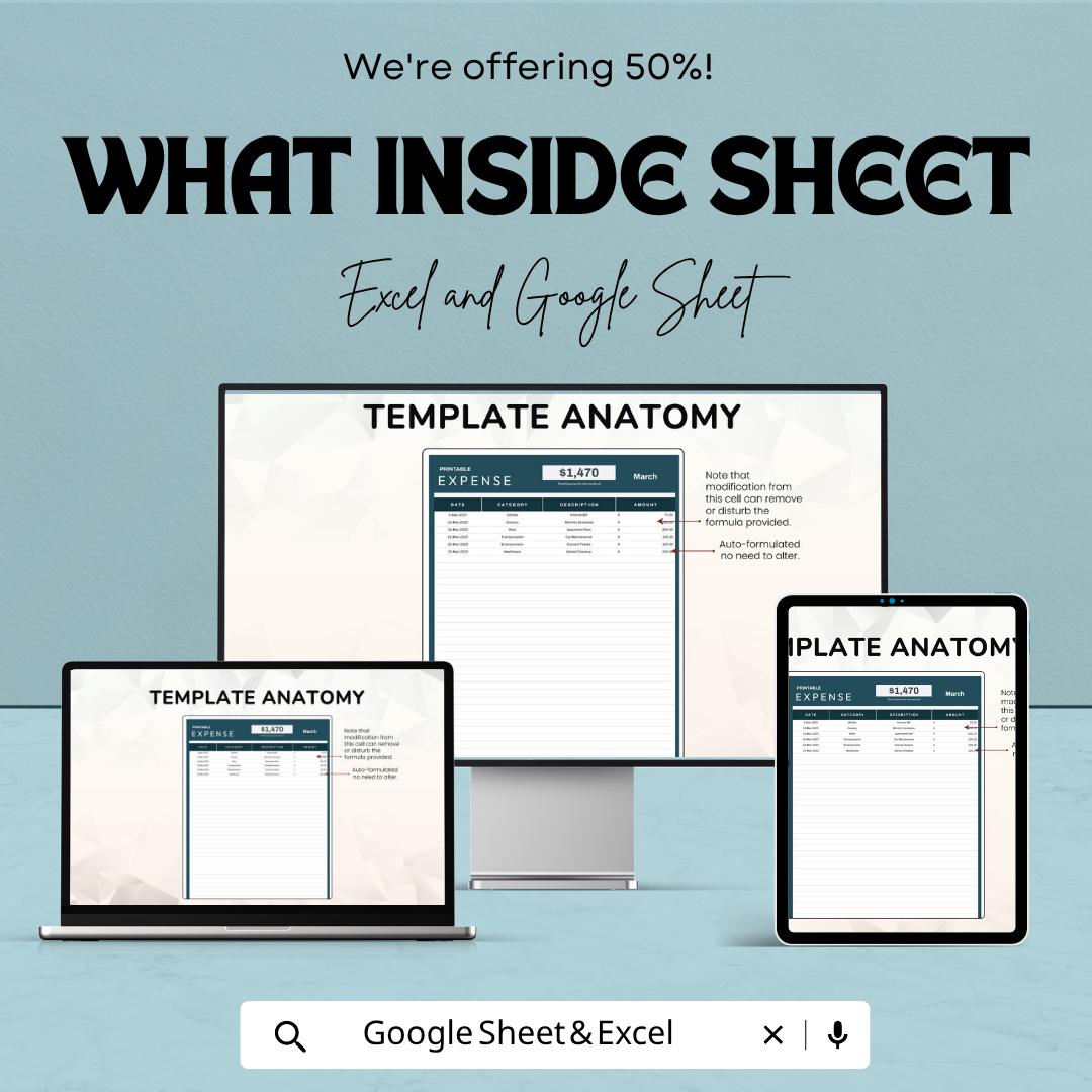 Printable Expense Template | Expense Tracker Spreadsheet | Budget Planner Template | Excel & Google Sheets | Financial Management Sheet |