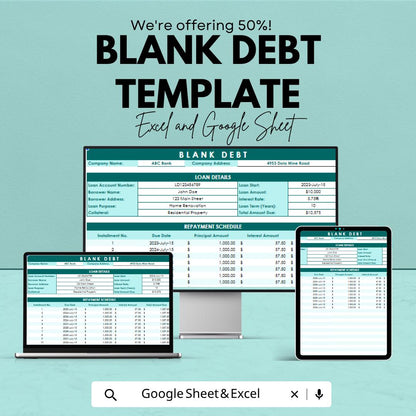 Blank Debt Template | Debt Repayment Spreadsheet | Loan Payment Tracker Template | Excel & Google Sheets | Debt Management Sheet |
