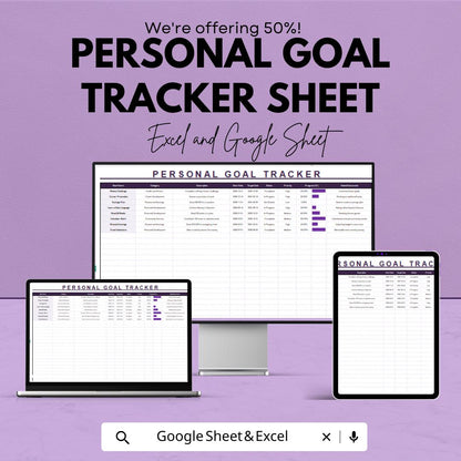 Personal Goal Tracker Template | Goal Planning Spreadsheet for Google Sheets & Excel | Habit Tracker | Productivity Dashboard