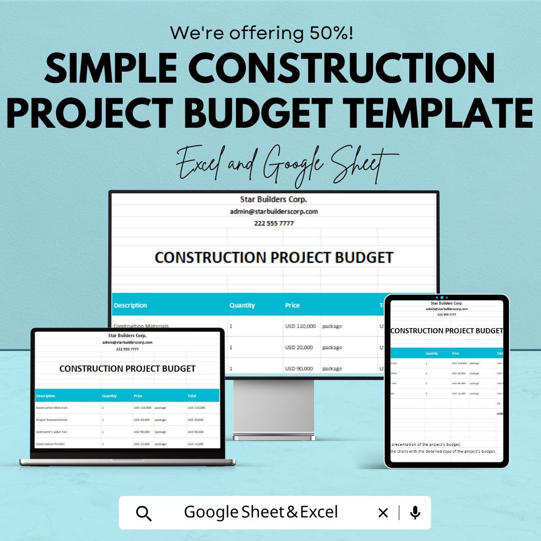 Simple Construction Project Budget Template | Excel & Google Sheets | Contractor Cost Estimate Sheet | Building Project Cost Tracker