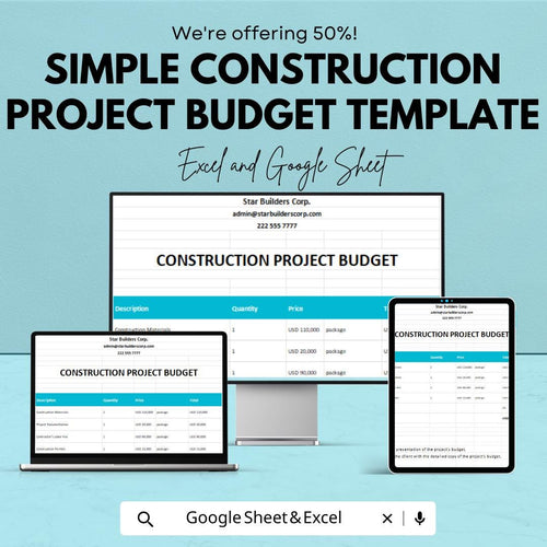 Simple Construction Project Budget Template | Excel & Google Sheets | Contractor Cost Estimate Sheet | Building Project Cost Tracker