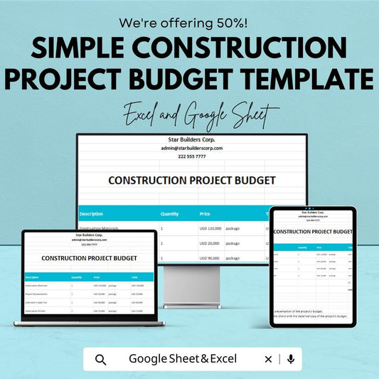 Simple Construction Project Budget Template | Excel & Google Sheets | Contractor Cost Estimate Sheet | Building Project Cost Tracker