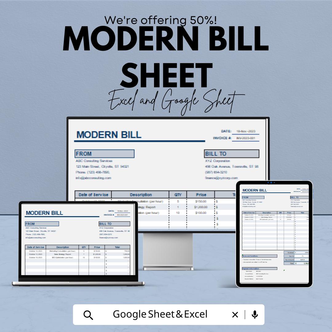 Modern Bill Sheet - Professional Invoice Template - Google Sheets - Easy Customization & Automated Calculations for Seamless Transactions