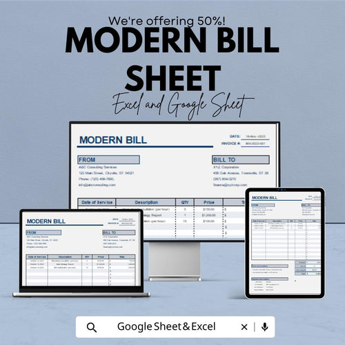 Modern Bill Sheet - Professional Invoice Template - Google Sheets - Easy Customization & Automated Calculations for Seamless Transactions