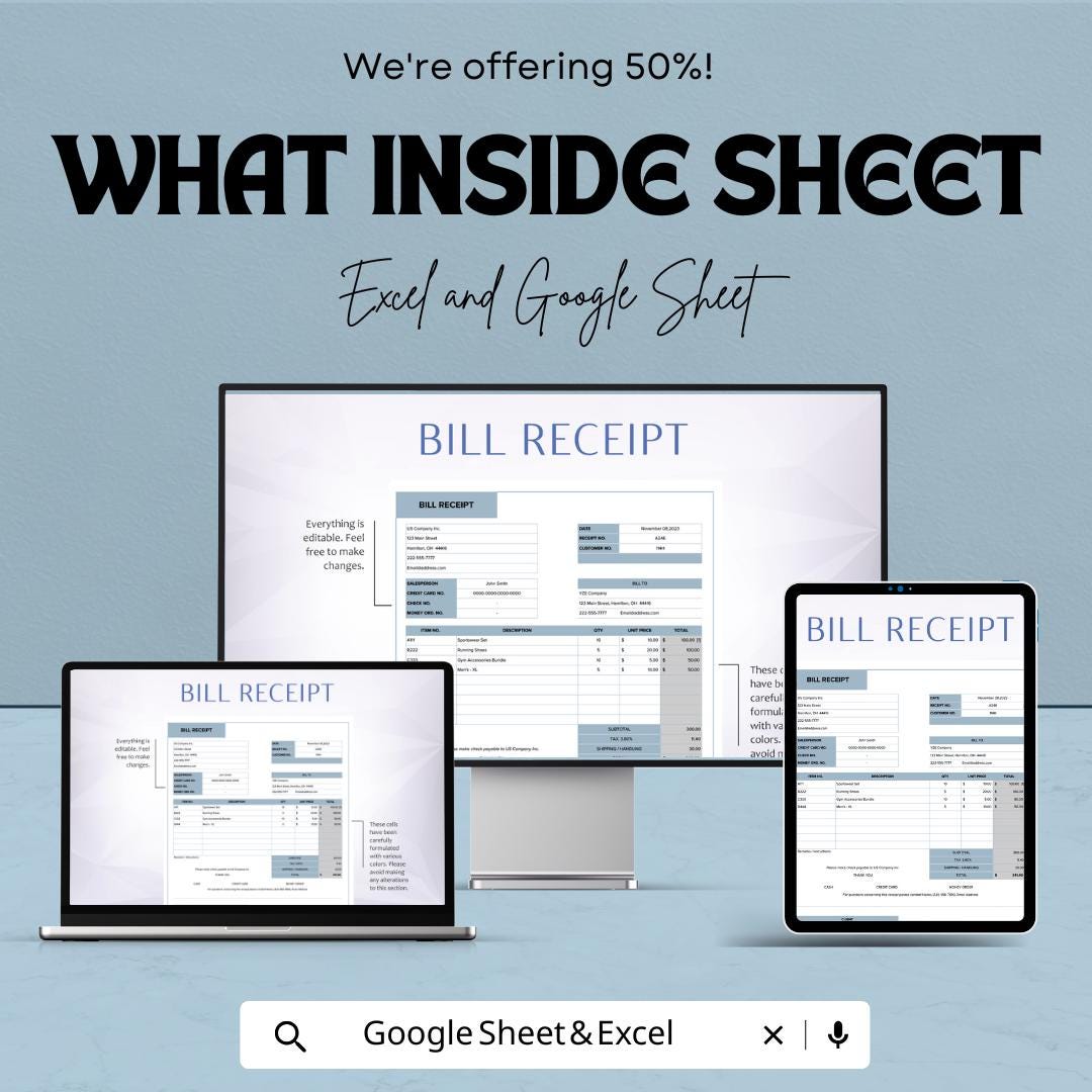 Editable Bill Receipt Template | Excel & Google Sheet | Printable Business Invoice | Custom Billing Tracker | Digital Download