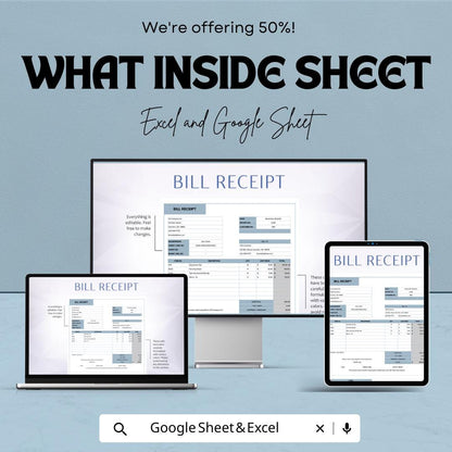 Editable Bill Receipt Template | Excel & Google Sheet | Printable Business Invoice | Custom Billing Tracker | Digital Download