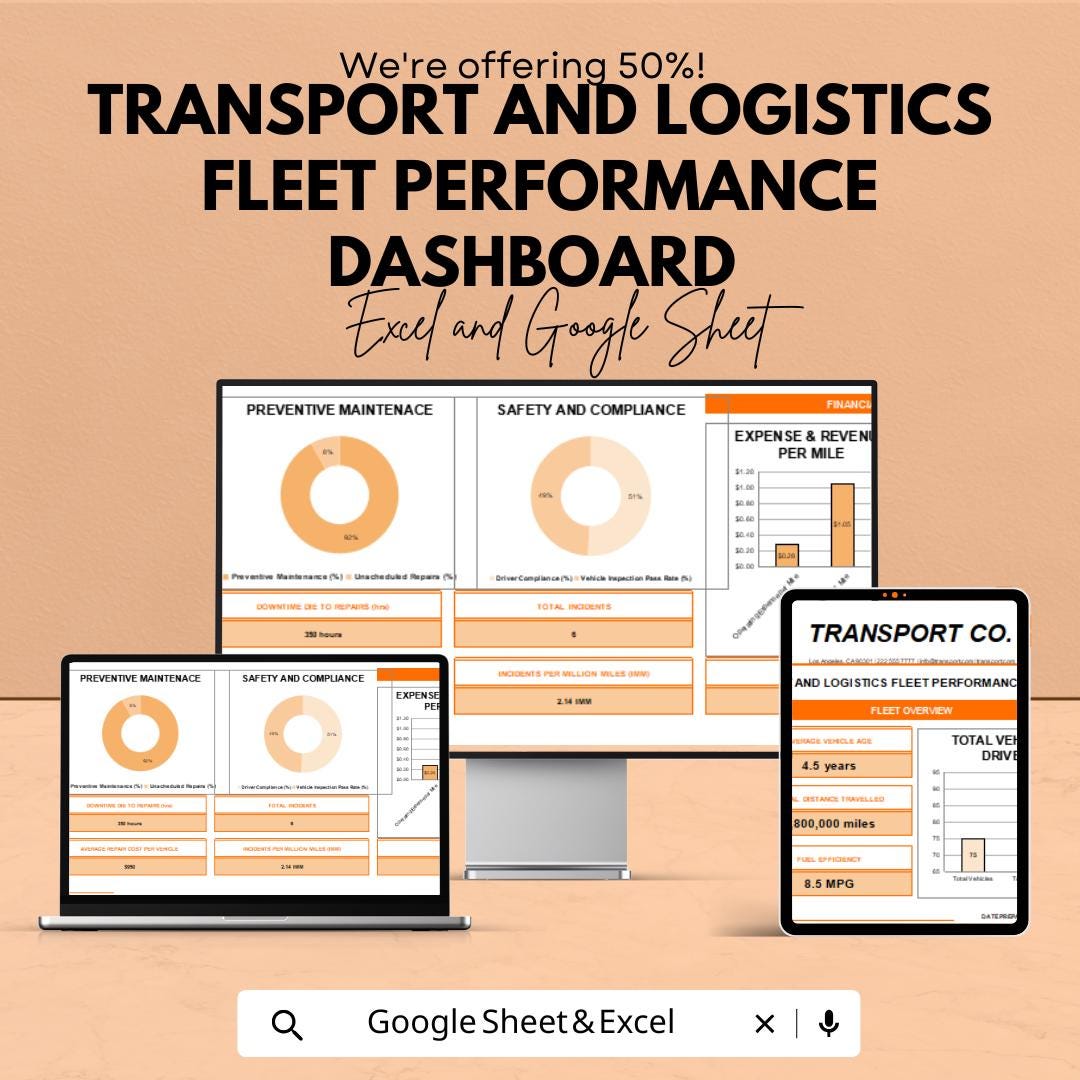 Fleet Performance Dashboard | Transport  and ogistics Analytics Spreadsheet | Vehicle KPI Tracker | Google Sheets & Excel Template