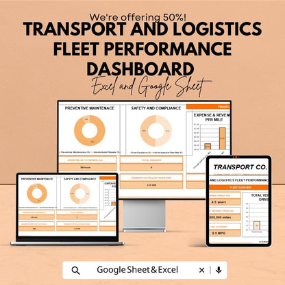 Fleet Performance Dashboard | Transport  and ogistics Analytics Spreadsheet | Vehicle KPI Tracker | Google Sheets & Excel Template