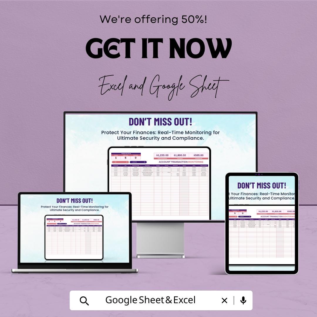 Account Transaction Monitoring Template | Financial Activity Log | Real-Time Account Tracking Spreadsheet | Audit & Compliance Tool