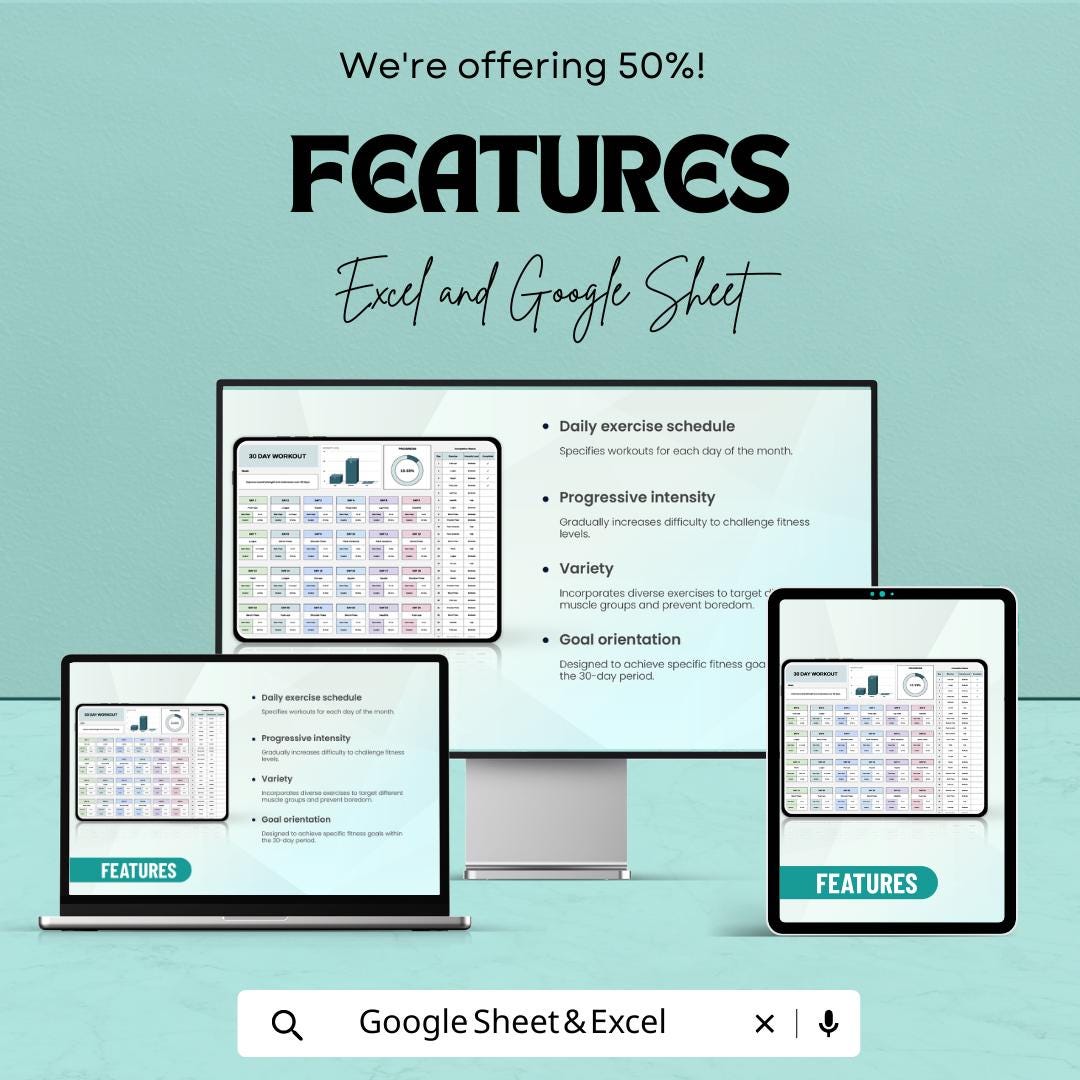 30 Day Workout Template | Fitness Tracker Spreadsheet | Gym Workout Planner | Exercise Log | Digital Fitness Planner | Workout Tracker