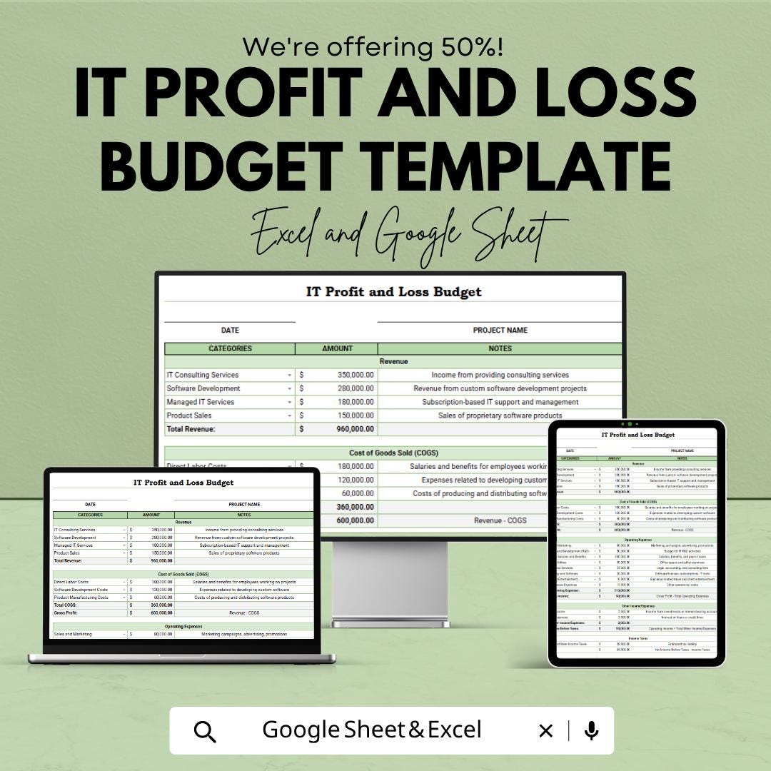 IT Profit and Loss Template | Profit and Loss Statement | Business Budget Spreadsheet | Financial Planning Tracker