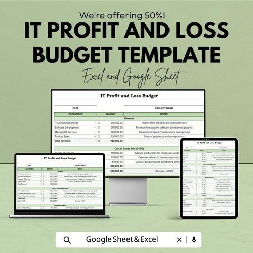IT Profit and Loss Template | Profit and Loss Statement | Business Budget Spreadsheet | Financial Planning Tracker