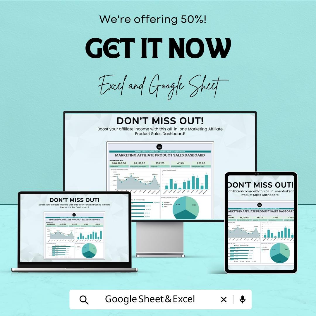 Marketing Affiliate Sales Dashboard | Track Affiliate Revenue & Performance | Digital Download | Affiliate Marketing Dashboard Template