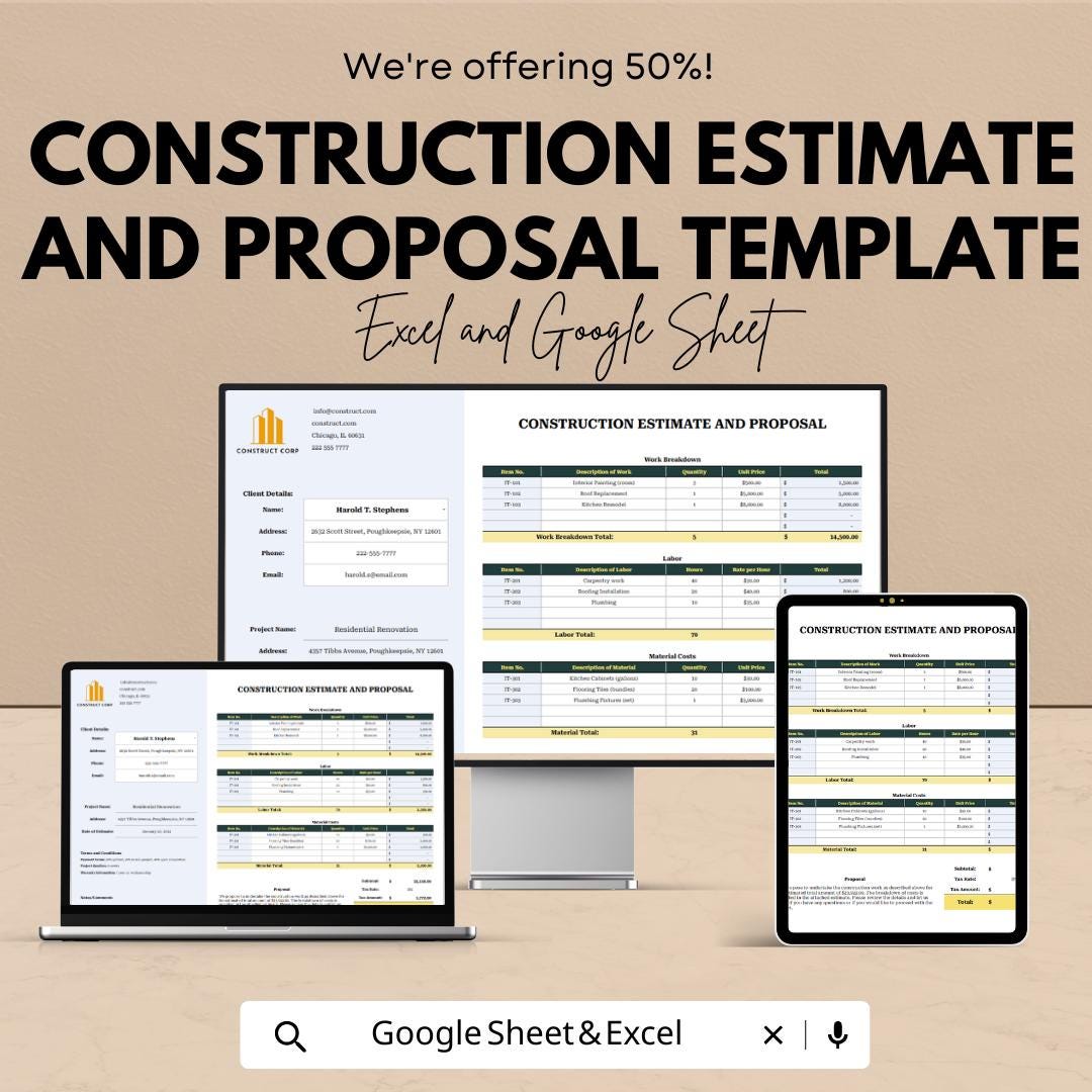 Construction Estimate and Proposal Template | Excel and Google Sheets Contractor Bid Sheet | Project Cost Breakdown & Client Proposal Form