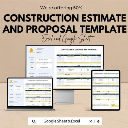 Construction Estimate and Proposal Template | Excel and Google Sheets Contractor Bid Sheet | Project Cost Breakdown & Client Proposal Form