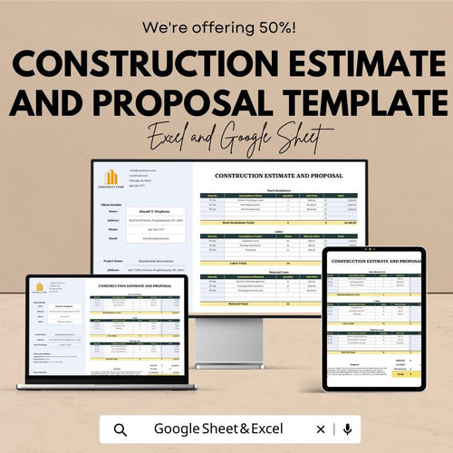 Construction Estimate and Proposal Template | Excel and Google Sheets Contractor Bid Sheet | Project Cost Breakdown & Client Proposal Form