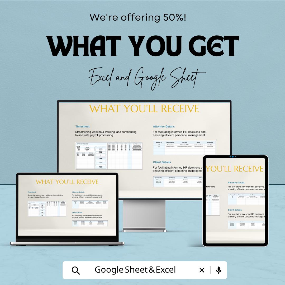 Attorney Timesheet Template | Legal Billing Tracker | Lawyer Time Tracking Spreadsheet | Excel & Google Sheets | Billable Hours Log