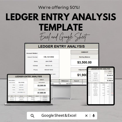 Ledger Entry Analysis Template | Accounting Tracker | Financial Record Log | Income Expense Ledger | Automated Balance Sheet