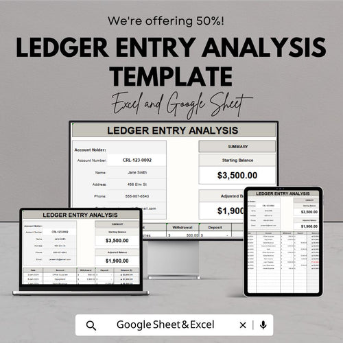 Ledger Entry Analysis Template | Accounting Tracker | Financial Record Log | Income Expense Ledger | Automated Balance Sheet