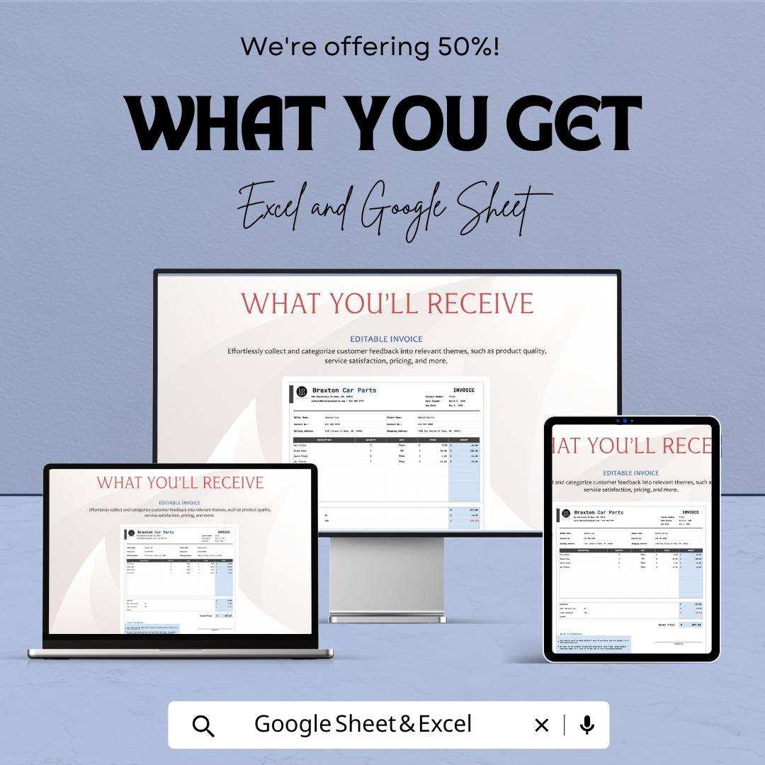 Editable Invoice Template | Excel and Google Sheets | Printable Invoice Form | Business Billing Template | Service and Product Invoice Sheet