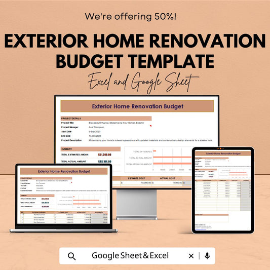 Exterior Home Renovation Budget Template | Excel & Google Sheets | Home Improvement Cost Planner | Remodeling Budget Spreadsheet