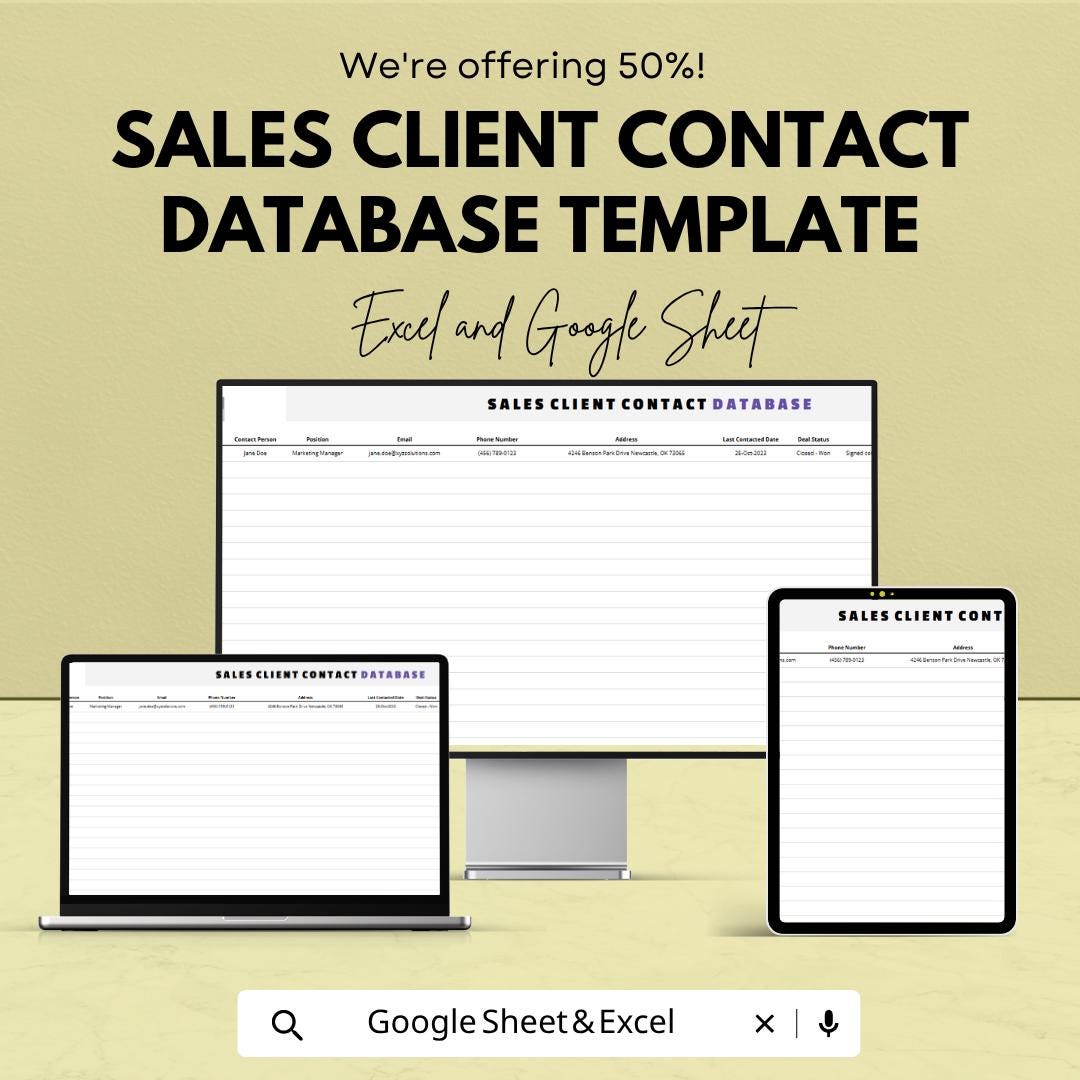 Sales Client Contact Database Template | CRM Contact Tracker Spreadsheet | Customer Management Sheet | Excel & Google Sheets |