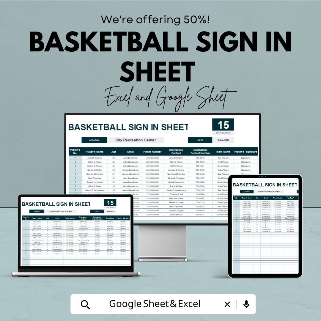 Basketball Sign-In Sheet Template | Excel and Google Sheets | Track Player Attendance & Team Info | Editable | Instant Download