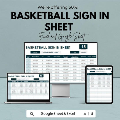 Basketball Sign-In Sheet Template | Excel and Google Sheets | Track Player Attendance & Team Info | Editable | Instant Download