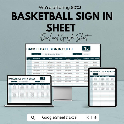 Basketball Sign-In Sheet Template | Excel and Google Sheets | Track Player Attendance & Team Info | Editable | Instant Download