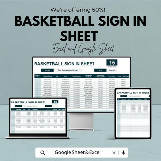 Basketball Sign-In Sheet Template | Excel and Google Sheets | Track Player Attendance & Team Info | Editable | Instant Download