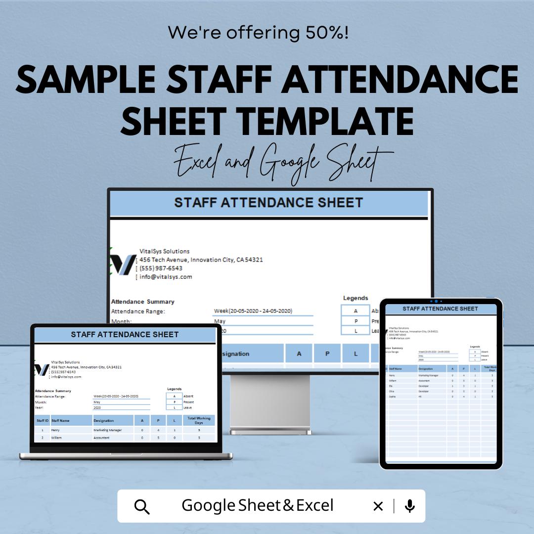 Sample Staff Attendance Sheet Template | Employee Attendance Tracker | Work Attendance Log | Excel & Google Sheets